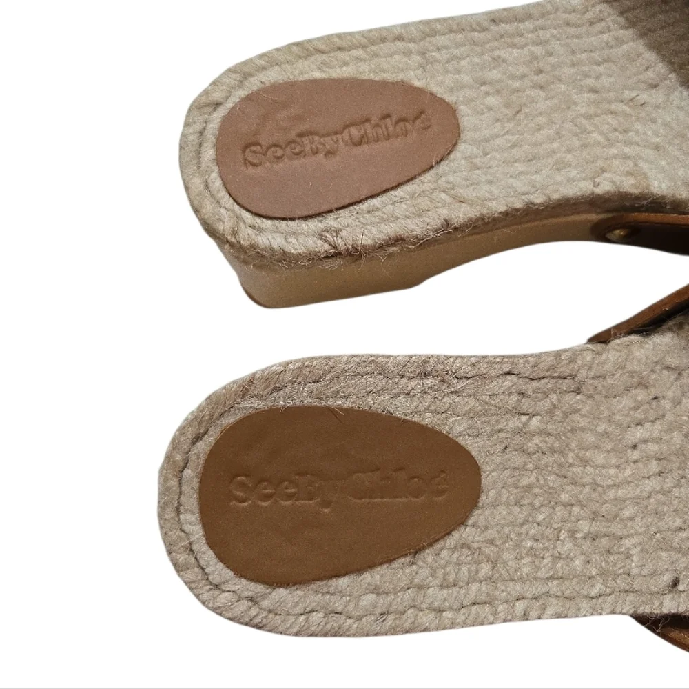 See By Chloe Viviane Leather Jute Wood Platform Sandals Open Toe Clog Cedar 37 7 - Picture 6 of 12